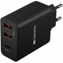 CANYON H-08, universaalne 3xUSB vahelduvvoolulaadija (seinas) ülepingekaitsega (1 USB-C koos PD kiirlaadijaga), sisend 100V-240V, väljund USB-A/5V-2.4A+USB-C/PD30W, Smart IC-ga, must läikiv värv + USB oranž plastikosa, 96,8 * 52,48 * 28,5 mm, 0,092 kg