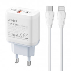 LDNIO A2421C USB charger, USB-C 22.5W + USB-C - Lightning cable