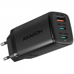 Axagon GaN wallcharger <240V  /  3x port (USB + dual USB-C), PD3.0 / QC4+ / PPS / Apple. 65W total power.