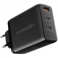 AXAGON ACU-DPQ100 GaN Wall charger, 3x port (USB + dual USB-C), PD3.0 / QC4+ / PPS / Apple, 100W, black