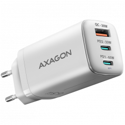 AXAGON ACU-DPQ65W GaN Seinalaadija, 3x port (USB + kaks USB-C), PD3.0 / QC4+ / PPS / Apple, 65W, valge