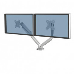 Fellowes Platinum seeria topeltmonitori õlg – monitori kinnitus kahele 8KG 32-tollisele ekraanile – reguleeritav topeltmonitori lauakinnitus – 45° kaldenurk 180° pööratav 360° pöörlemine 360°, VESA 75 x 75 / 100 x 100 hõbedane