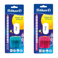 Карандаш Pelikan обычный + ластик + точилка, синий или розовый.