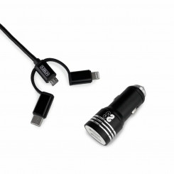 Universal USB Car Charger + USB C Cable Subblim Cargador Coche 2xUSB Dual Car Charger Alum 2.4A + Cable 3 in 1 Black