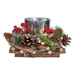 Christmas Candle Holder Wood Natural Red Silver Green (20 x 11 x 20 cm)