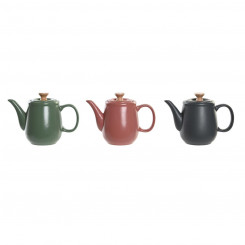 Teapot DKD Home Decor Natural Pink Rubber wood White Green Dark grey Stoneware (3 Units)