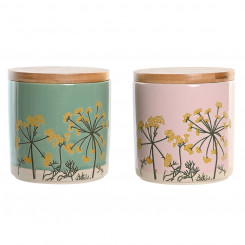 Tin DKD Home Decor 11,5 x 11,5 x 12 cm Floral Pink Green Bamboo Stoneware Shabby Chic (2 Units)