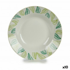 Deep Plate White Green Ø 20,6 cm Sheets Porcelain (10Units)