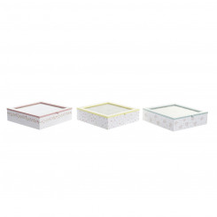 Box for Infusions DKD Home Decor Crystal Red Metal Green Yellow 24 x 24 x 7 cm 3 Pieces MDF Wood