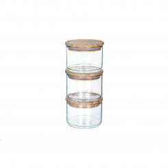 3 Tubs DKD Home Decor 10 x 10 x 7,5 cm Bamboo 470 ml Borosilicate Glass