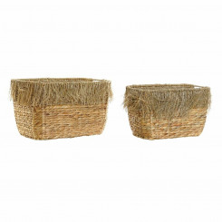 Basket set DKD Home Decor Natural Brown Fringe Rushes (2 Pieces) (40 x 30 x 26 cm)