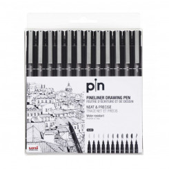 Set of Felt Tip Pens Uni-Ball PIN-200(S) Black 12 Pieces Permanent