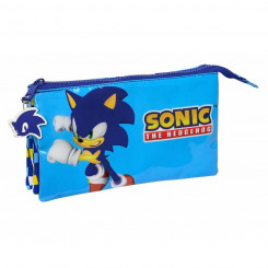 Pencil case with three zippers Sonic Speed 22 x 12 x 3 cm Blue Children