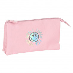Pencil case with three zippers Iris Smiley Pink (22 x 12 x 3 cm)