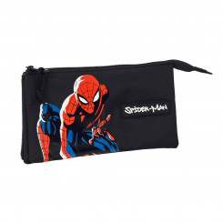 Pencil case with three zippers Spiderman Hero Black 22 x 12 x 3 cm