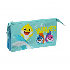 Pencil case with three zippers Baby Shark Surfing Blue White 22 x 12 x 3 cm