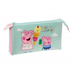 Pencil case with three zippers Peppa Pig Ice cream Pink Mint green 22 x 12 x 3 cm