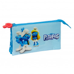 Pencil case with three zippers Los Pitufos Blue 22 x 12 x 3 cm