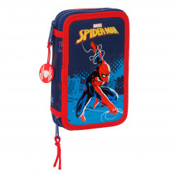 Double Pencil Case Spider-Man Neon Sea Blue 12.5 x 19.5 x 4 cm (28 Pieces, Parts)