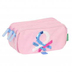 Pencil case with three zippers Benetton Pink Pink 21.5 x 10 x 8 cm