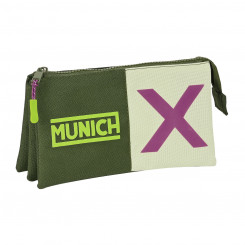 Pencil case with three zippers Munich Bright khaki Green 22 x 12 x 3 cm