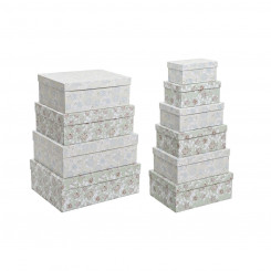 Set of Stackable Organising Boxes DKD Home Decor Beige Green Flowers Cardboard (43,5 x 33,5 x 15,5 cm)