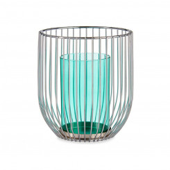 Candleholder Silver Blue Cage Metal Glass (15 x 17 x 15 cm)