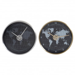 Wall Clock DKD Home Decor 30 x 4,3 x 30 cm Crystal Silver Black Golden Aluminium World Map (2 Units)