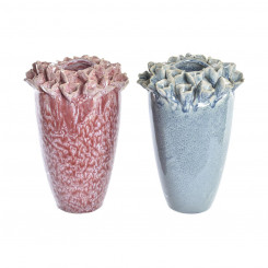 Vase DKD Home Decor Flower Pink Turquoise Stoneware 18 x 18 x 25 cm 16 x 16 x 26 cm Mediterranean (2 Units)