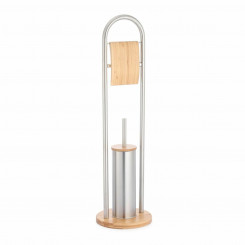 Toilet Paper Holder with Brush DKD Home Decor Silver Natural Bamboo Stainless Steel 22 x 22 x 80 cm
