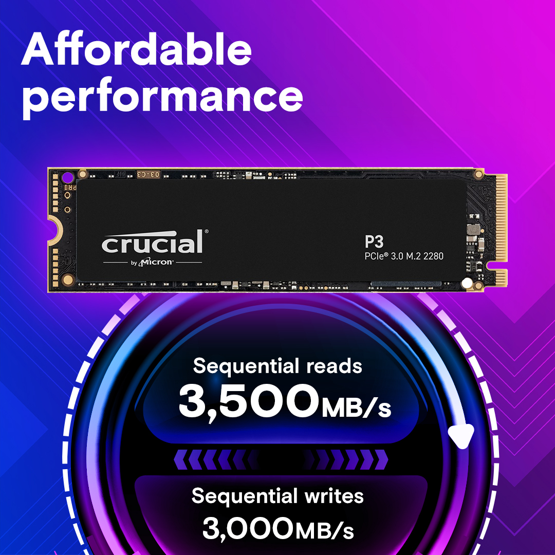 SSD CRUCIAL P3 1TB M.2 PCIE NVMe 3D NAND Write speed 3000 MBytes/sec Read speed 3500 MBytes/sec TBW 220 TB CT1000P3SSD8