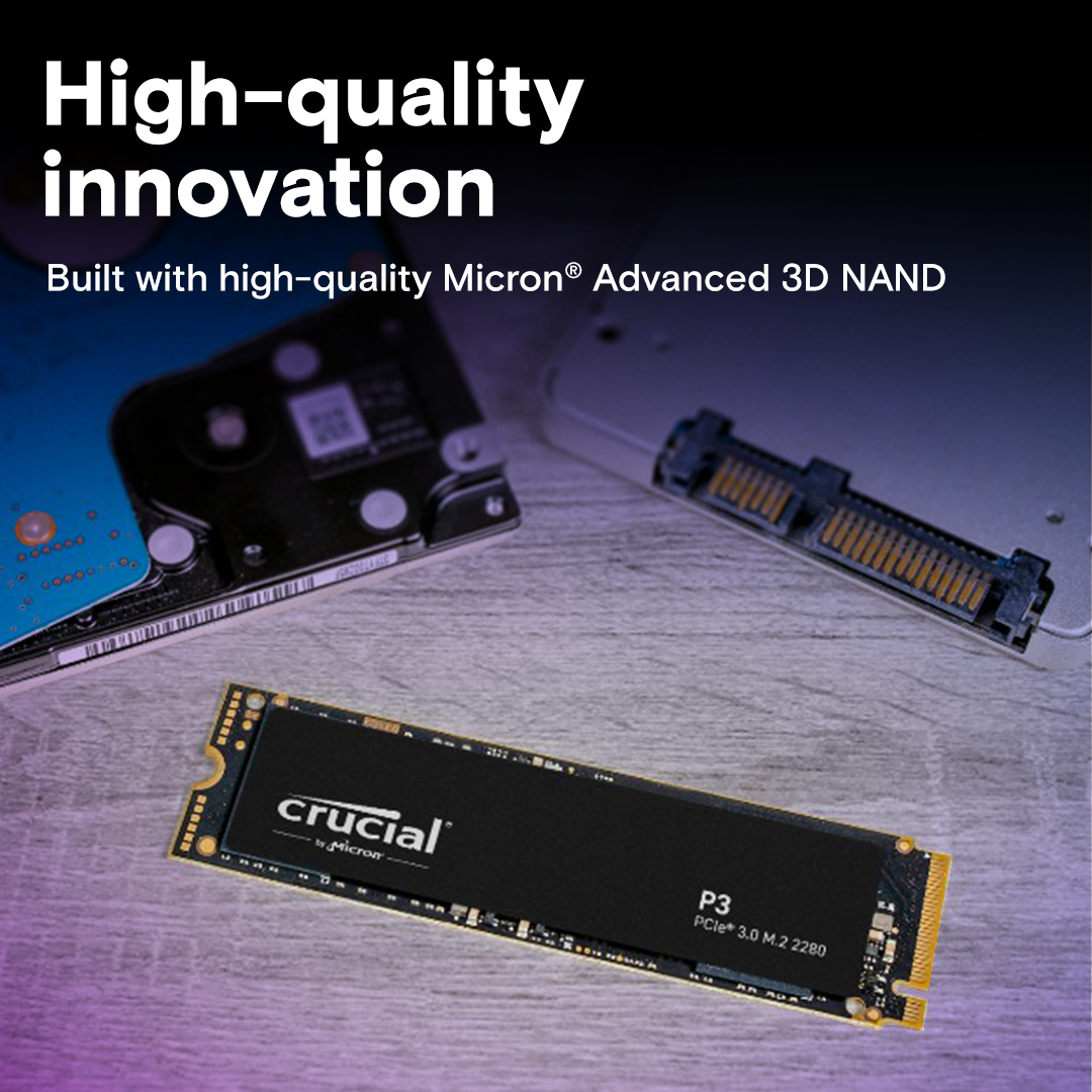 SSD CRUCIAL P3 1TB M.2 PCIE NVMe 3D NAND Write speed 3000 MBytes/sec Read speed 3500 MBytes/sec TBW 220 TB CT1000P3SSD8