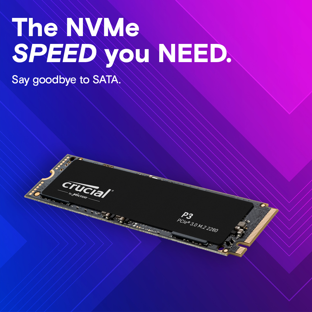 SSD CRUCIAL P3 1TB M.2 PCIE NVMe 3D NAND Write speed 3000 MBytes/sec Read speed 3500 MBytes/sec TBW 220 TB CT1000P3SSD8
