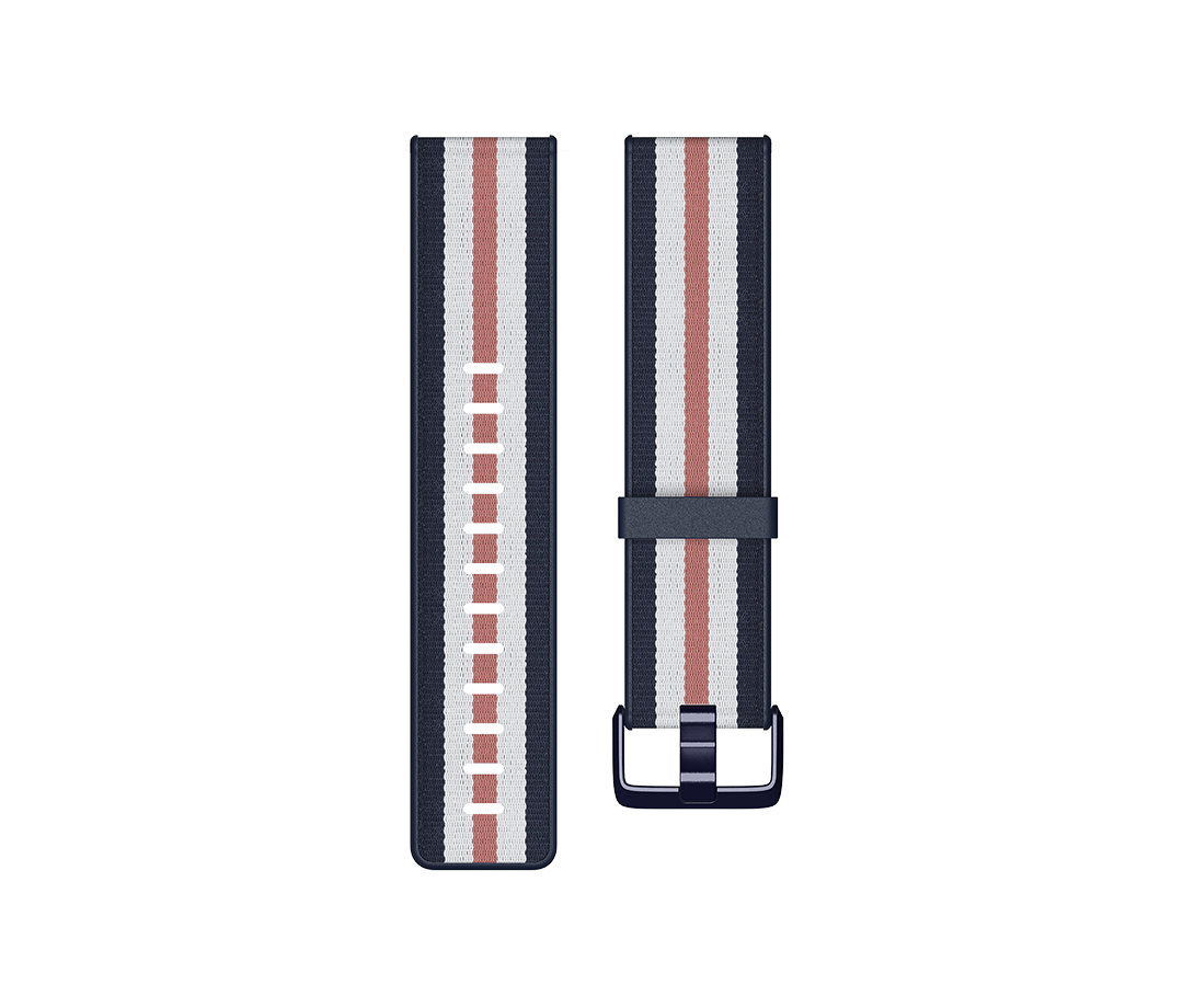Fitbit  Versa-Lite Woven Hybrid Band, large, navy/pink The Fitbit Versa woven hybrid band is made of polyester woven material on top and fluoroelastomer material on the bottom with an aluminium buckle. The Fitbit Versa woven hybrid band is not water resis