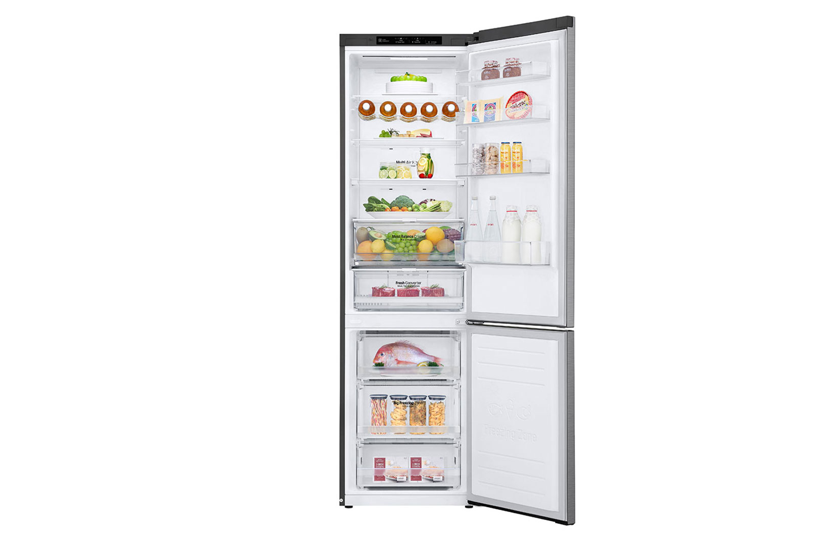 LG Refrigerator GBB72PZEMN Energy efficiency class E Free standing Combi Height 203 cm No Frost system Fridge net capacity 277 L Freezer net capacity 107 L 36 dB Silver