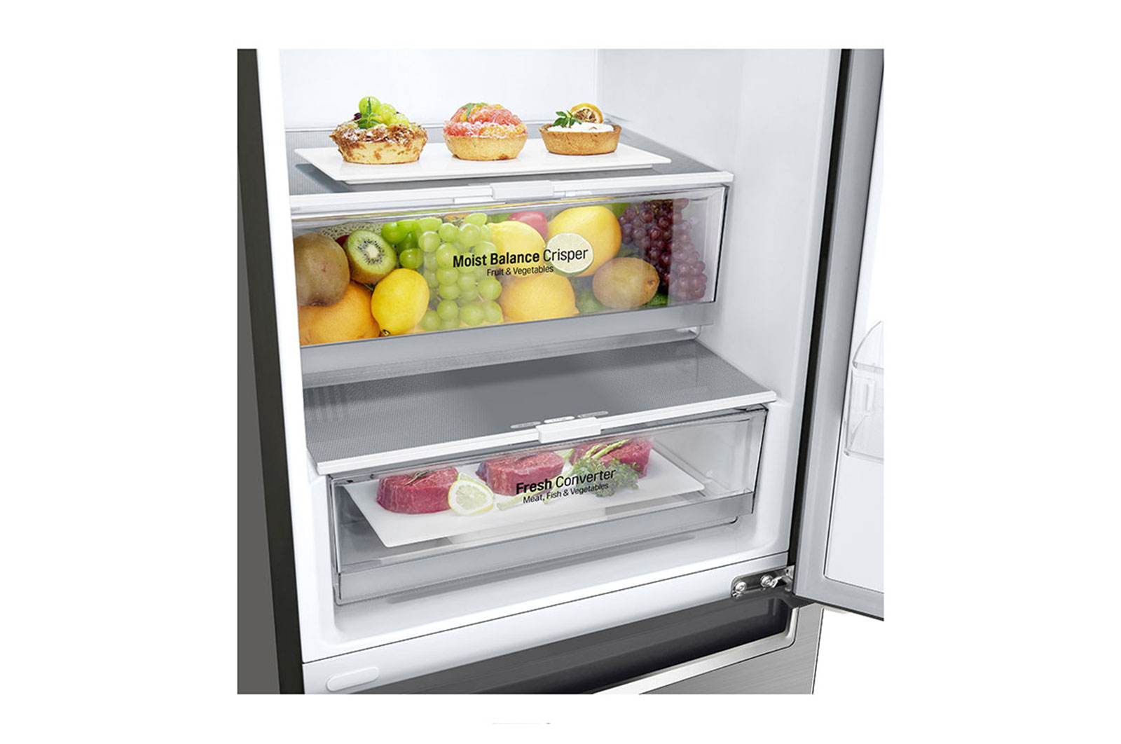 LG Refrigerator GBB72PZEMN Energy efficiency class E Free standing Combi Height 203 cm No Frost system Fridge net capacity 277 L Freezer net capacity 107 L 36 dB Silver