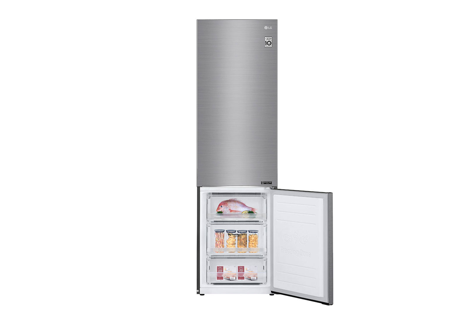 LG Refrigerator GBB72PZEMN Energy efficiency class E Free standing Combi Height 203 cm No Frost system Fridge net capacity 277 L Freezer net capacity 107 L 36 dB Silver