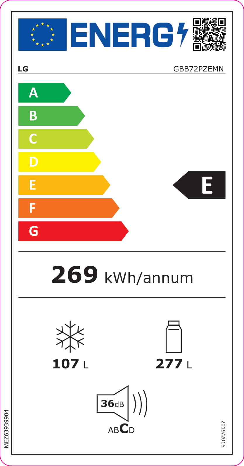 LG Refrigerator GBB72PZEMN Energy efficiency class E Free standing Combi Height 203 cm No Frost system Fridge net capacity 277 L Freezer net capacity 107 L 36 dB Silver