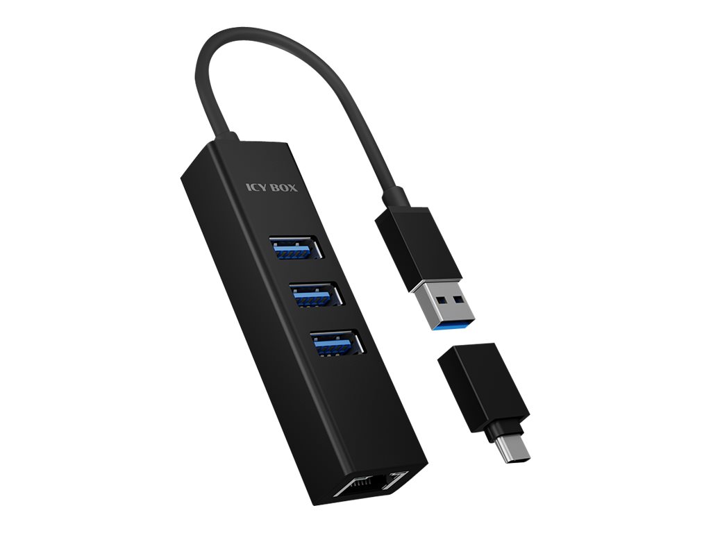 Raidsonic 4 Port Hub with USB 3.0 Type-A, Type-C, Gigabit LAN Icy Box IB-HUB1419-LAN