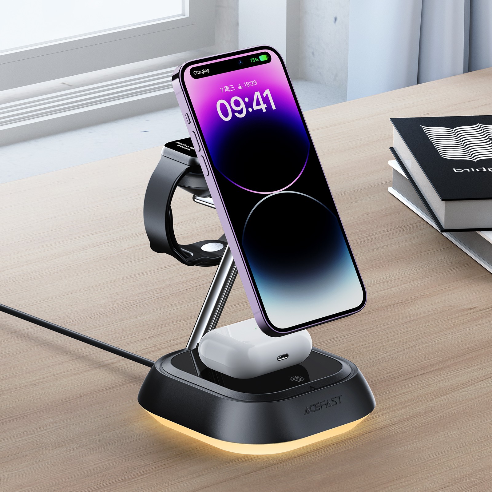 Wireless charging holder 3w1 Acefast E16 LED (black)