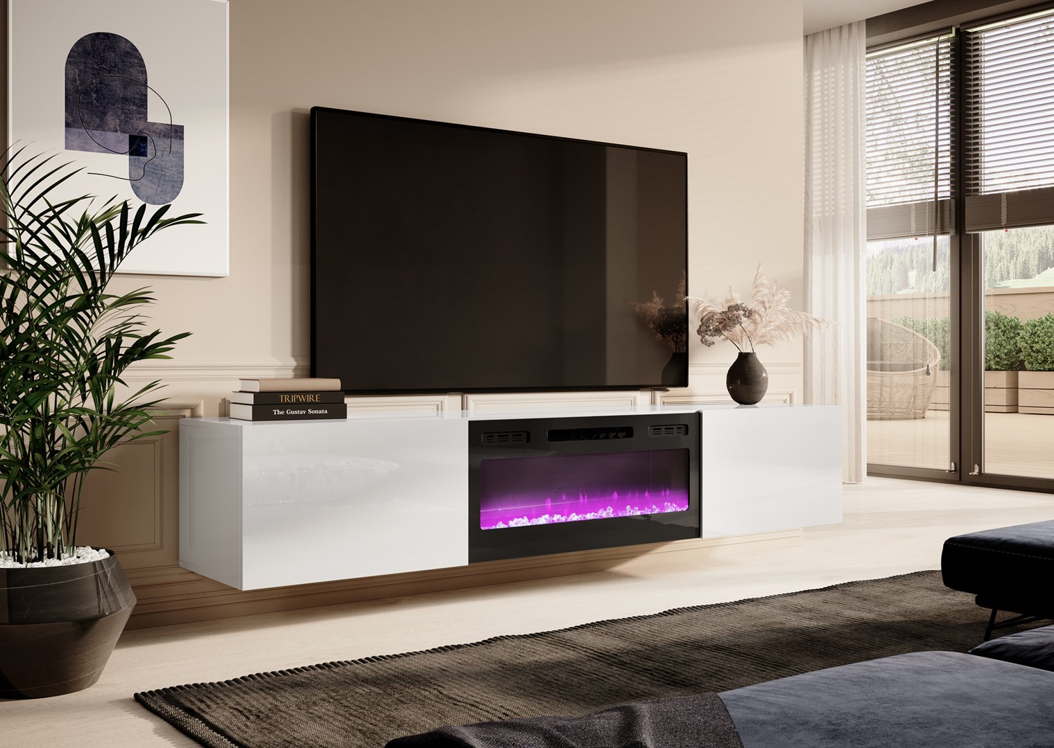 RTV cabinet SLIDE 200K with electric fireplace 200x40x37 cm all in gloss white