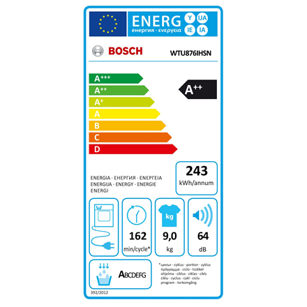 Bosch Dryer Machine with Heat Pump   WTU876IHSN   Energy efficiency class A++   Front loading   9 kg   LED   Depth 61.3 cm   White