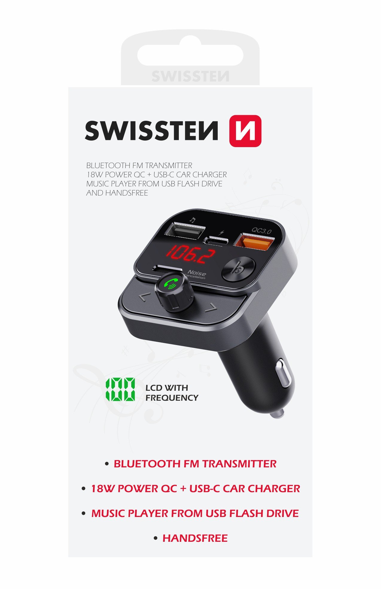 FM Modulators Swissten FM Transmitter 2xUSB-A  /  USB-C 30W