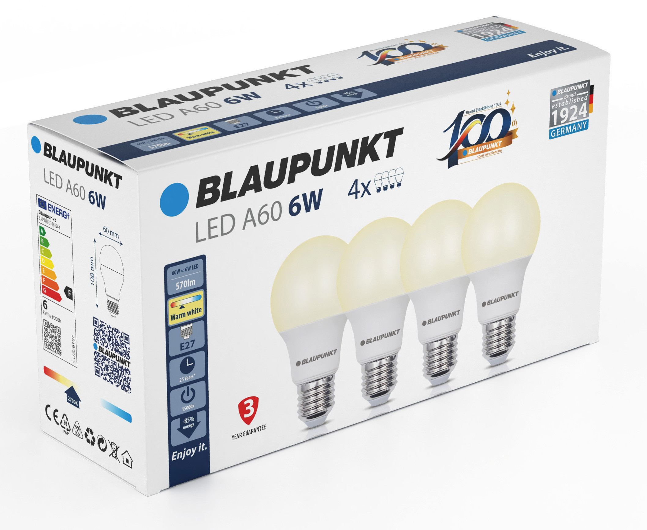 Blaupunkt LED lamp E27 A60 570lm 6W 2700K 4pcs