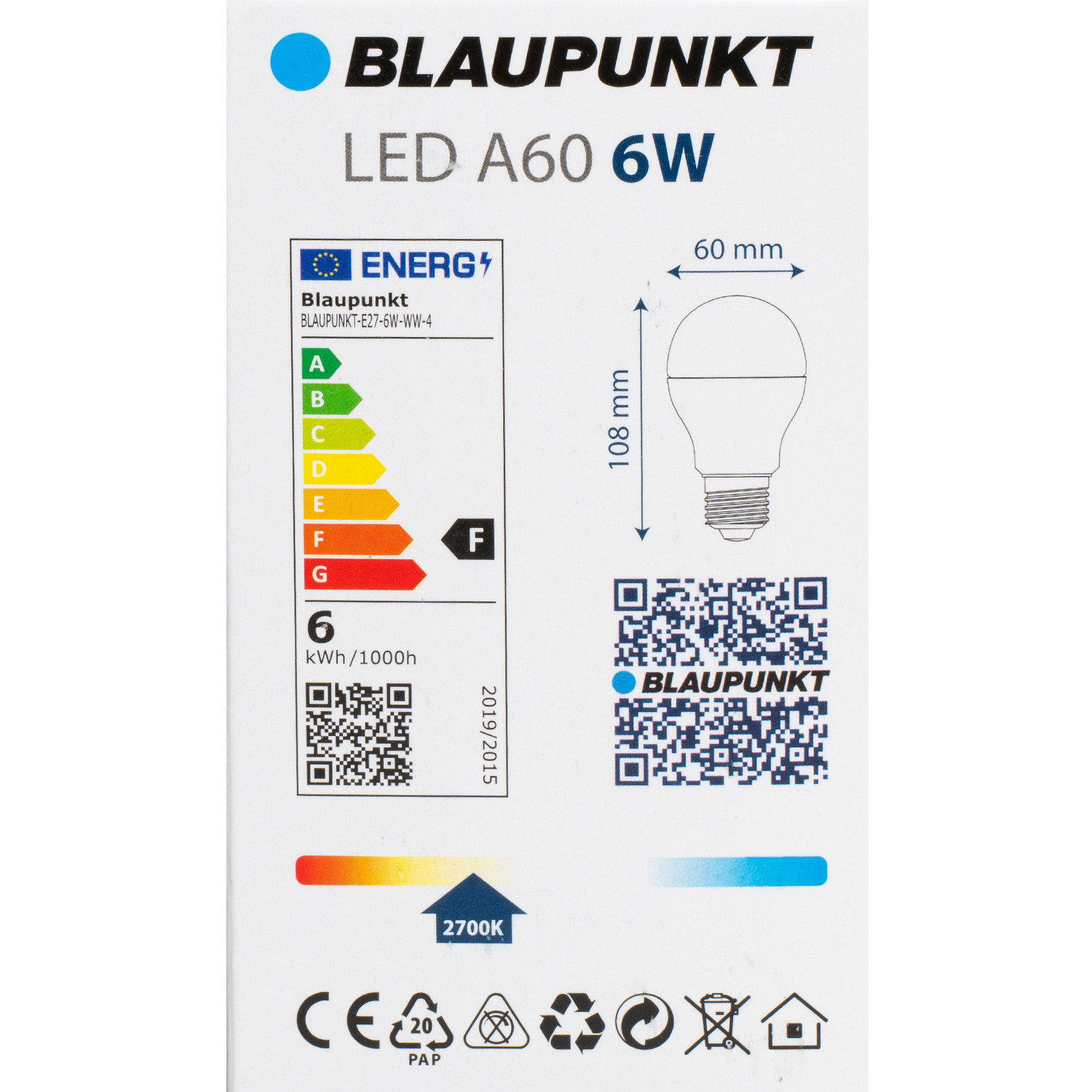 Blaupunkt LED lamp E27 A60 570lm 6W 2700K 4pcs