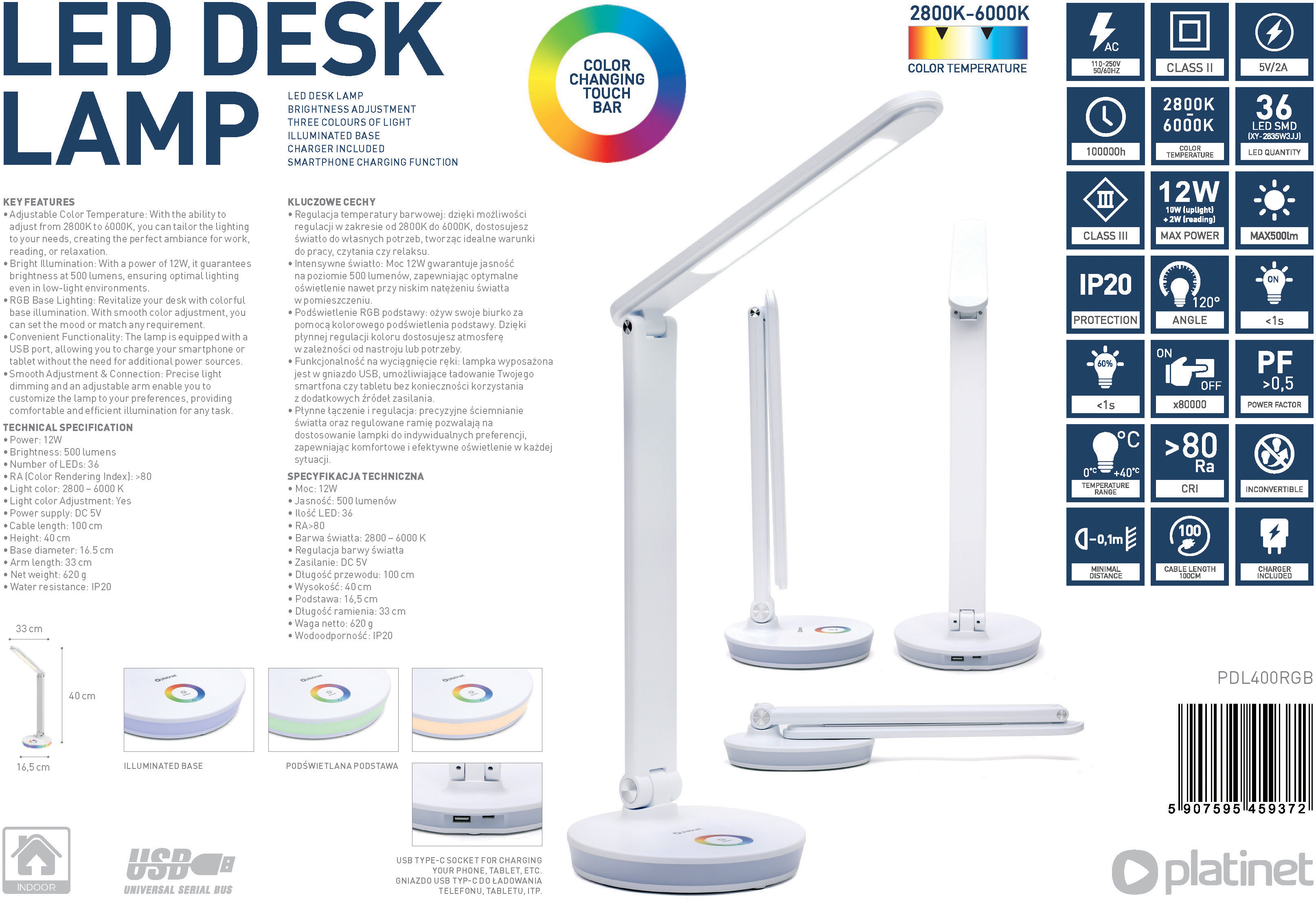 Platinet desk lamp PDL400 12W, white (45937)