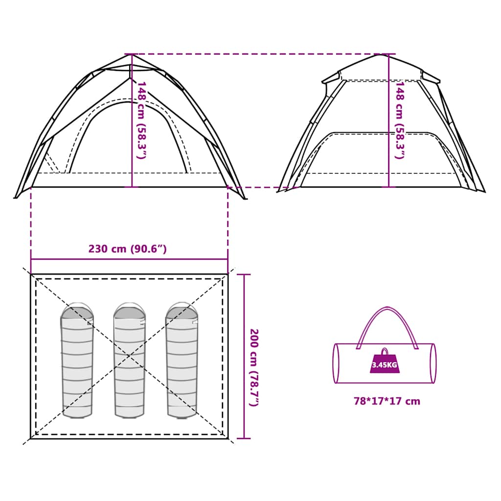 Camping tent for 3 people, dome, gray and orange, quick release