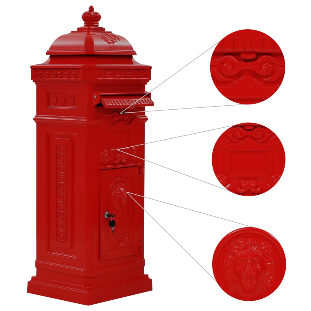 Column-shaped vintage mailbox, rustproof, red