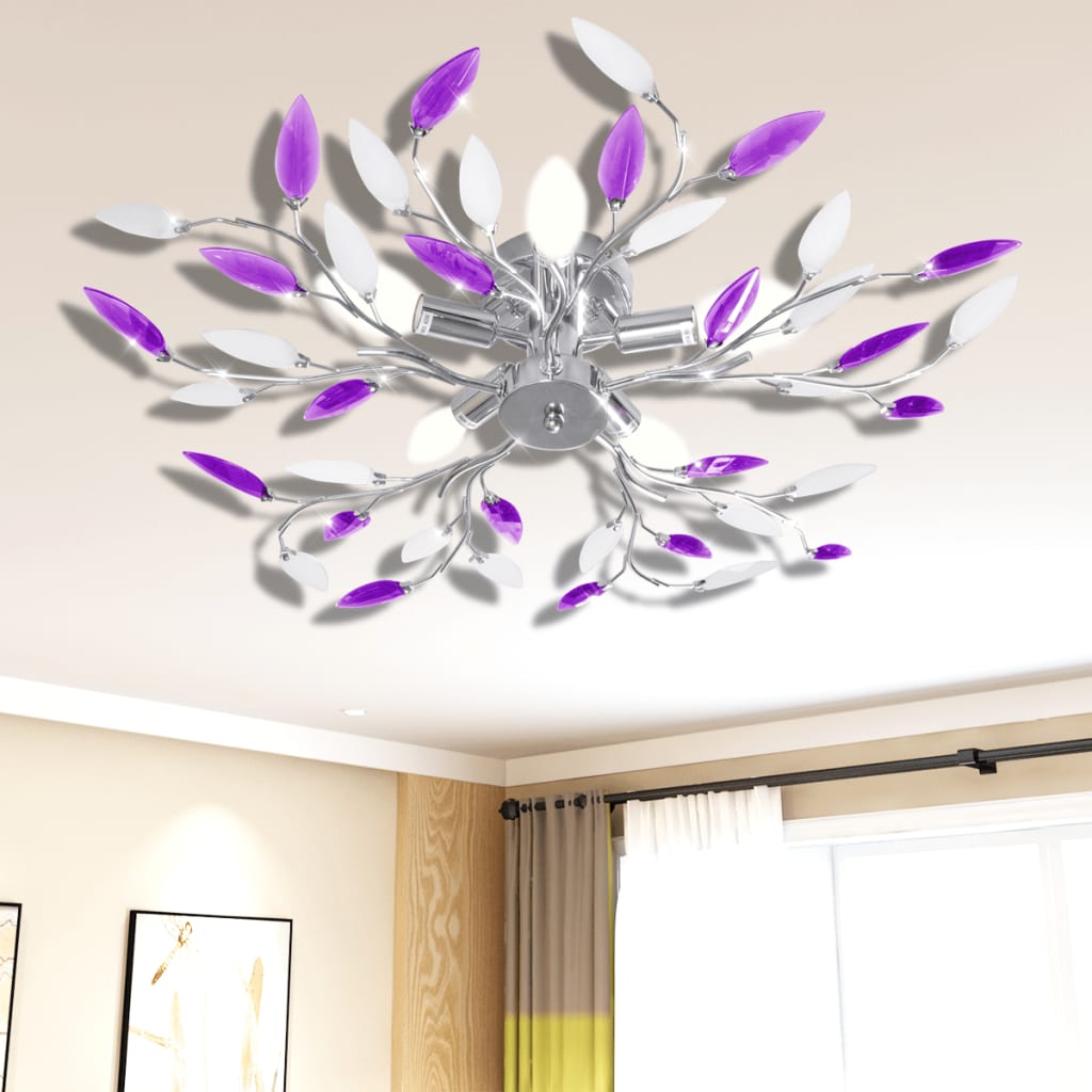 Ceiling lamp with purple and white crystal leaves, 5 x E14 bulbs