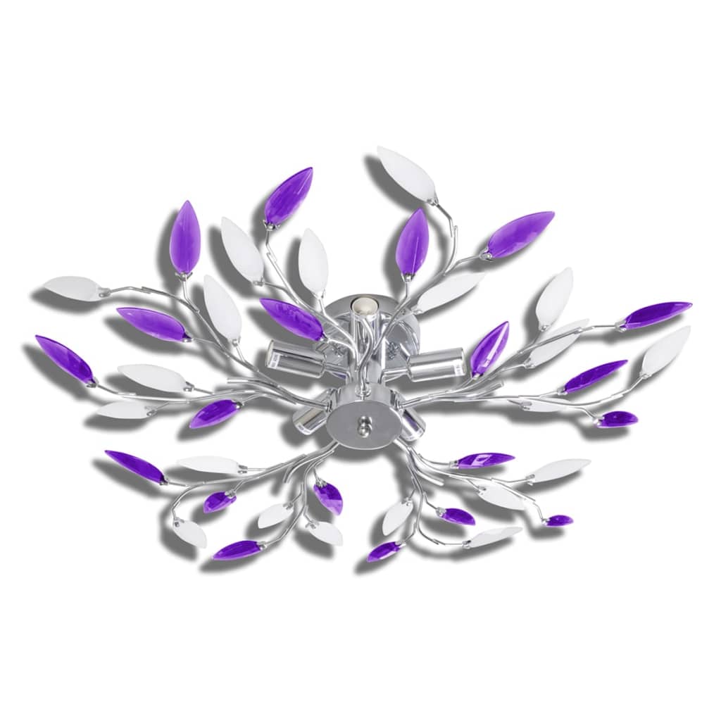 Ceiling lamp with purple and white crystal leaves, 5 x E14 bulbs